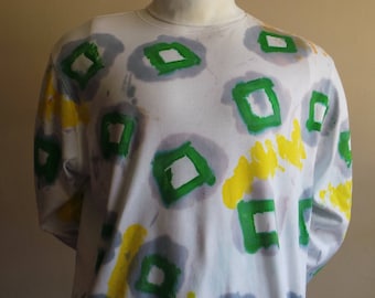 Hand-made Batik Direct Application One-of-a-kind Long Sleeve Turtle Neck. Grey, Green and Yellow on White Cotton, DABTN 014.