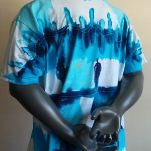 Hand-made Batik Direct Application One-of-a-kind Round neck Tee Shirt. Blue and Turquoise on White Cotton, DABTS 018 image 4