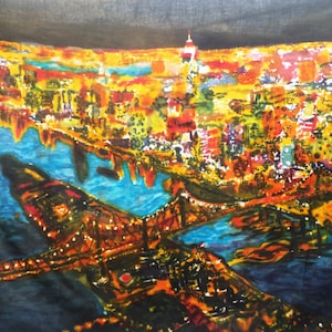 Hand Made New York Brooklyn Bridge Batik Painting, One-of-a-kind New York (Brooklyn bridge) Skyline Painting on Cotton Blend.