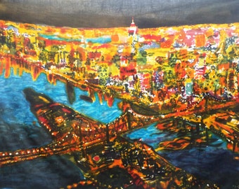 Hecho a mano New York Brooklyn Bridge Batik Painting, uno de su tipo New York (Puente de Brooklyn) Skyline Painting on Cotton Blend.