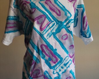 Handmade Batik Direct Application One-of-a-kind Tee Shirt. Purple, Turquoise and Gray on White Cotton, DABTS 01