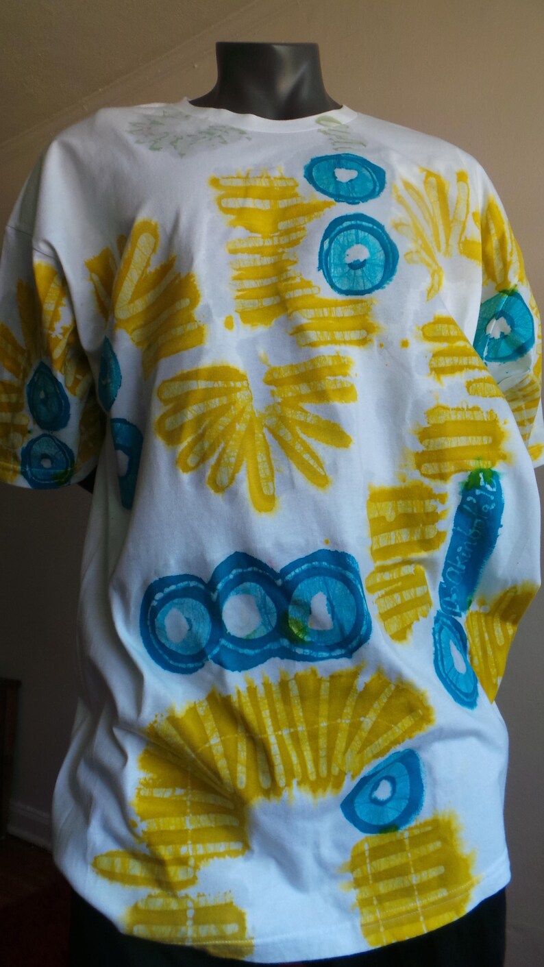 Hand Made Batik Tee shirt, One of a Kind Batik Round Neck Tee Shirt. Turquoise and Yellow on White Batik Tee Shirt. DABTS024 image 6