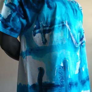 Hand-made Batik Direct Application One-of-a-kind Round neck Tee Shirt. Blue and Turquoise on White Cotton, DABTS 018 image 1