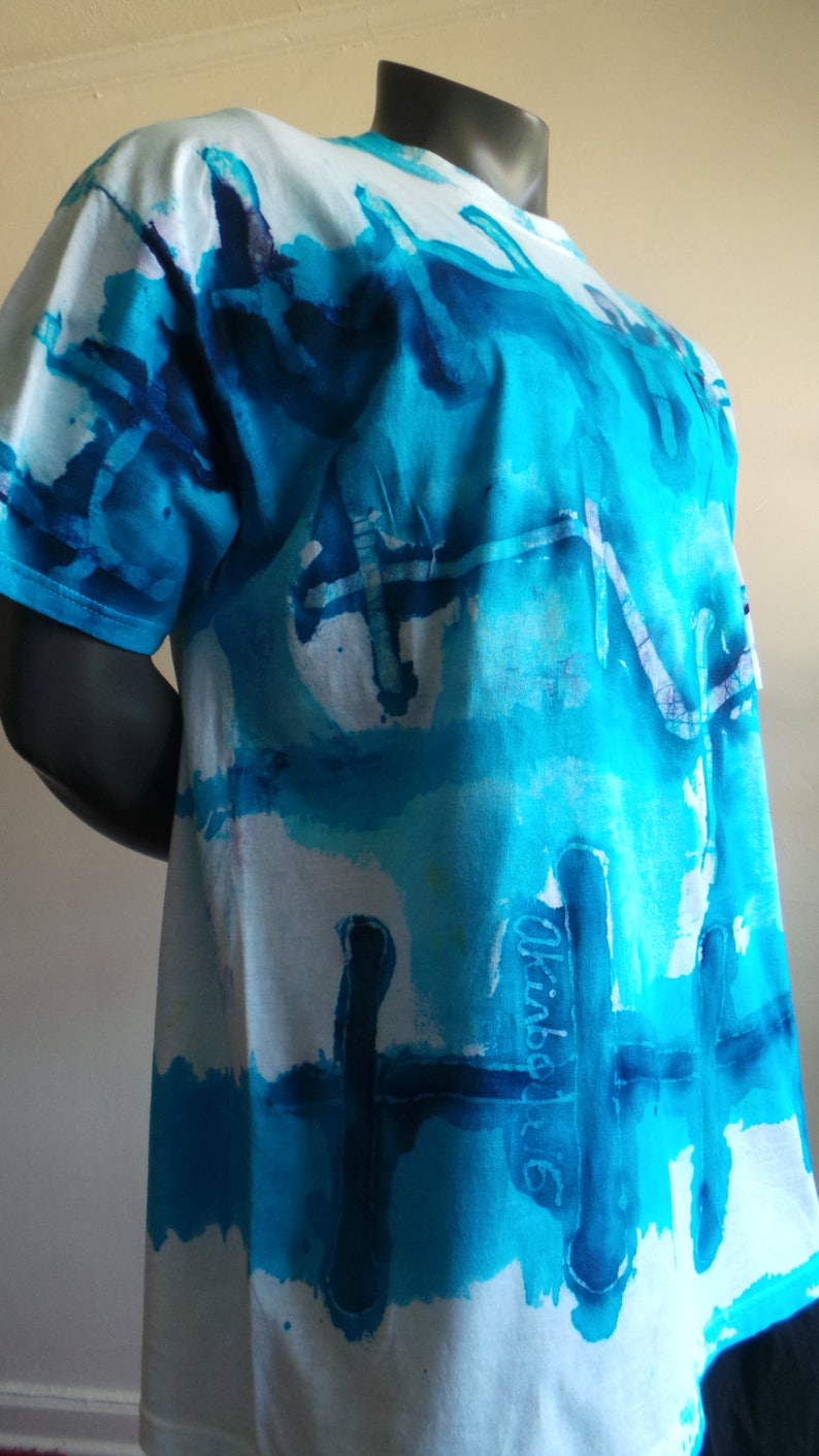 Hand-made Batik Direct Application One-of-a-kind Round neck Tee Shirt. Blue and Turquoise on White Cotton, DABTS 018 image 1