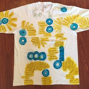 Hand Made Batik Tee shirt, One of a Kind Batik Round Neck Tee Shirt. Turquoise and Yellow on White Batik Tee Shirt. DABTS024 image 1