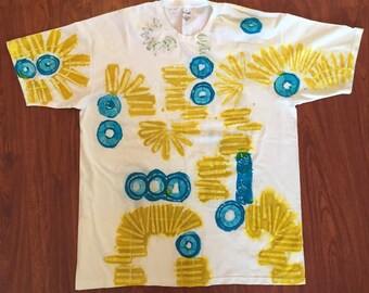 Hand Made Batik Tee shirt, One of a Kind Batik Round Neck Tee Shirt. Turquoise and Yellow on White Batik Tee Shirt.  DABTS024