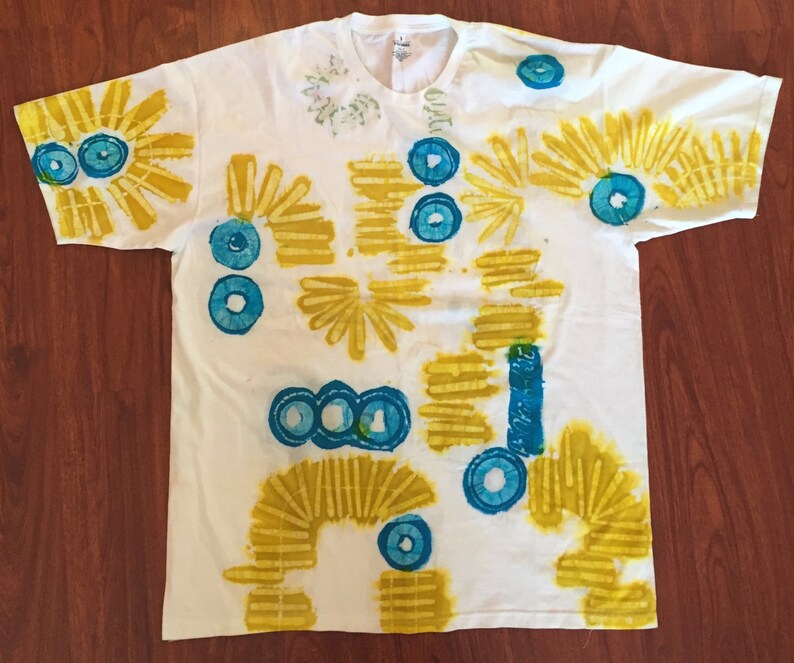 Hand Made Batik Tee shirt, One of a Kind Batik Round Neck Tee Shirt. Turquoise and Yellow on White Batik Tee Shirt. DABTS024 image 1