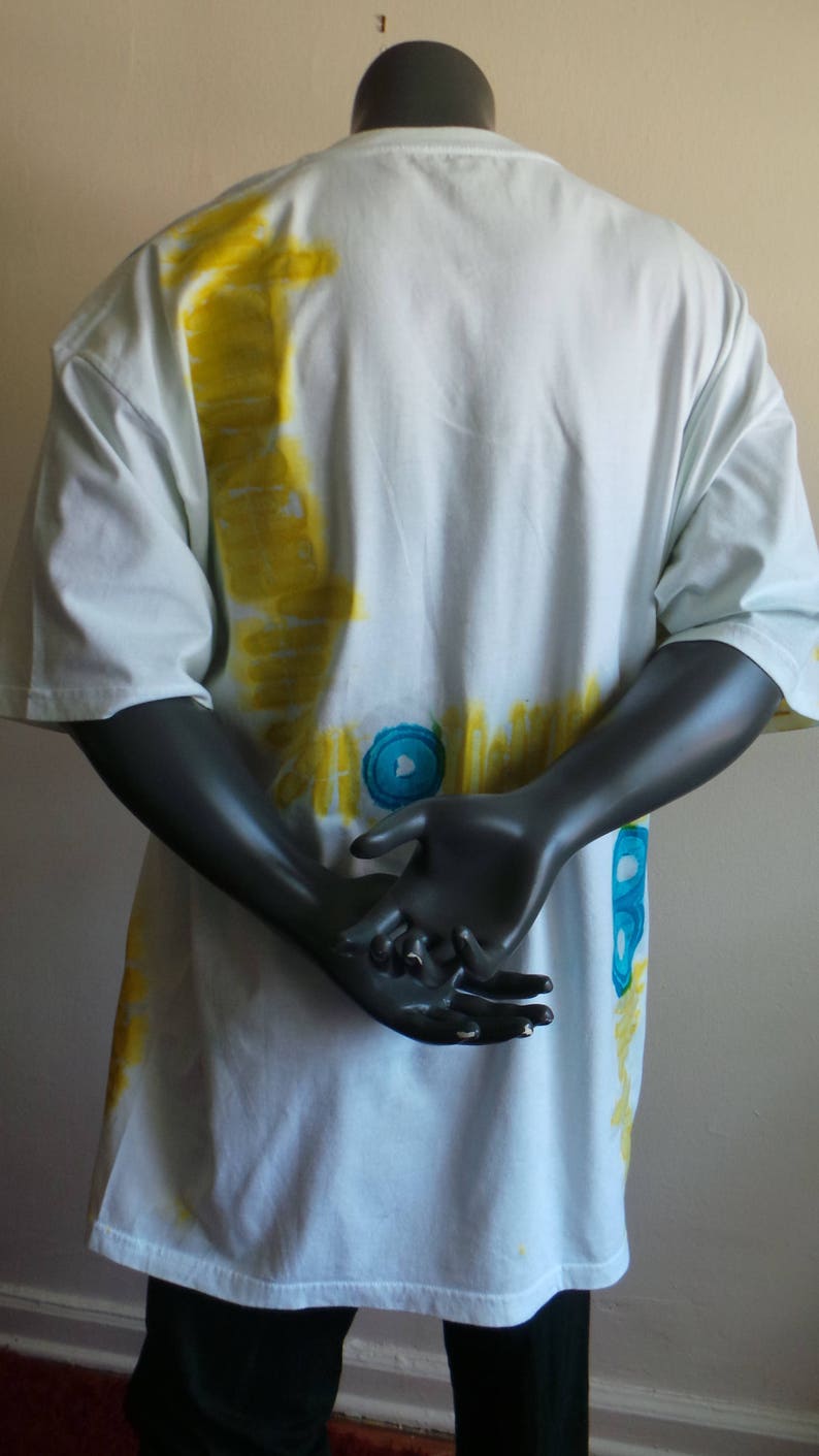 Hand Made Batik Tee shirt, One of a Kind Batik Round Neck Tee Shirt. Turquoise and Yellow on White Batik Tee Shirt. DABTS024 image 9