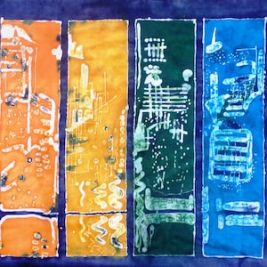 Hand Made interior Batik Painting, One-of-a-kind New York (From interior) Skyline Painting on White Cotton Blend.
