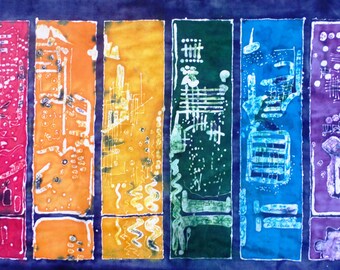 Pintura Batik interior hecha a mano, única en Nueva York (desde el interior) Skyline Painting en white Cotton Blend.