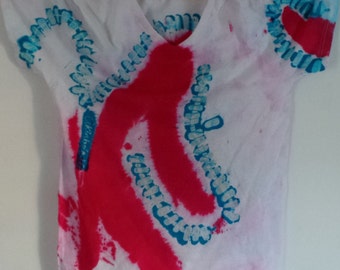 Handmade Batik Direct Application One-of-a-kind V-Neck Tee Shirt. Hot Pink and Turquoise on White Cotton, DABTS 003