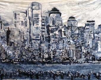 Hand Made New York Monochrome Batik Painting, One-of-a-kind New York (Monochrome) Skyline Painting on Cotton Blend.