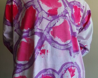 Hand-made Batik Direct Application One-of-a-kind Long Sleeved Round neck Tee Shirt. Pink and Purple on White Cotton,  DABLS 012.