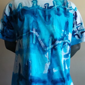 Hand-made Batik Direct Application One-of-a-kind Round neck Tee Shirt. Blue and Turquoise on White Cotton, DABTS 018 image 2