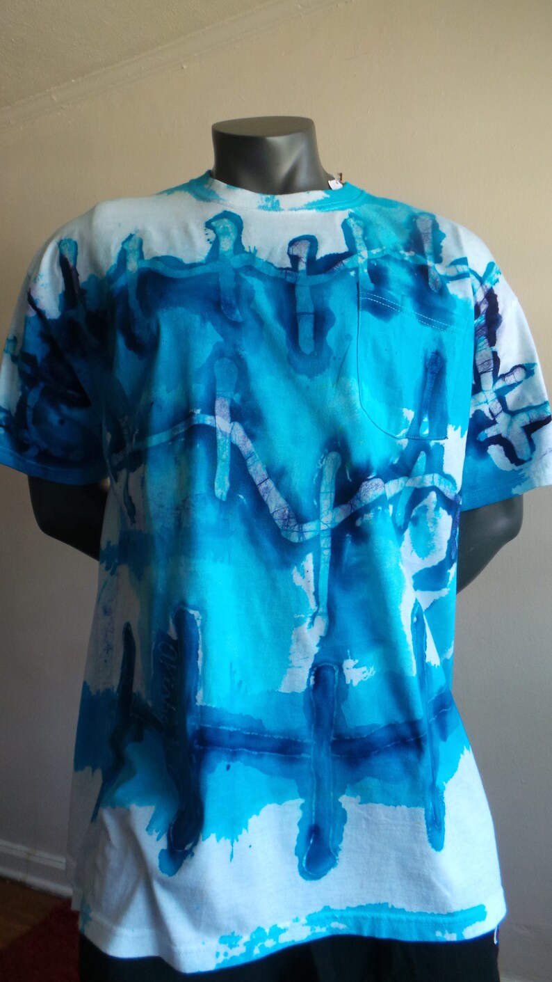 Hand-made Batik Direct Application One-of-a-kind Round neck Tee Shirt. Blue and Turquoise on White Cotton, DABTS 018 image 2