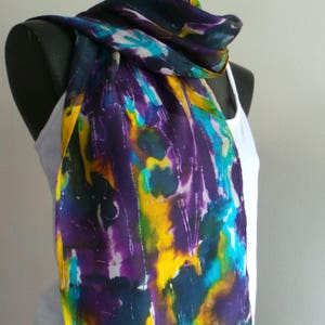 Silk Scarf, Batik Scarf, Dye Painting, Perfect Scarf For Women, Gift For Her, Gift For Love Ones, Turquoise Yellow Purple & Green Silk Scarf image 2