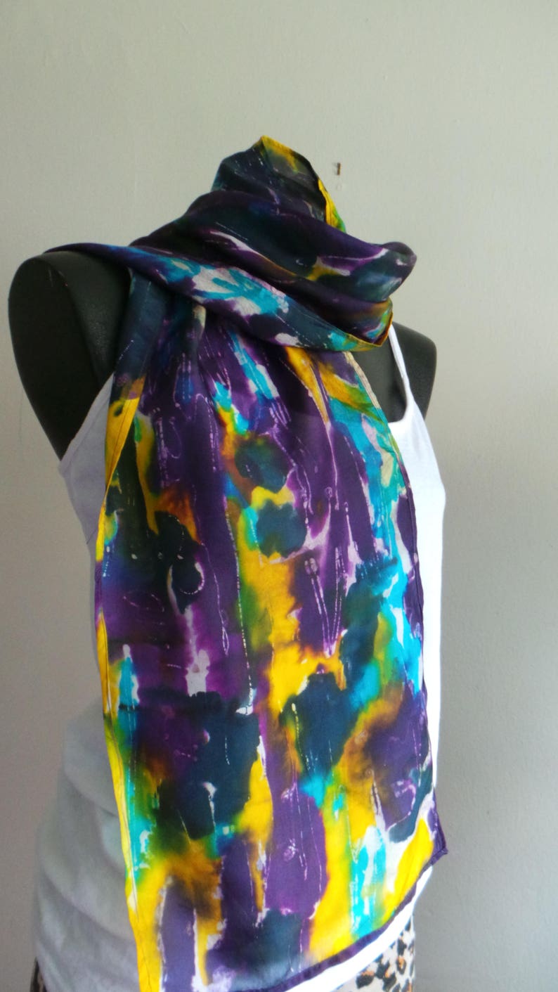 Silk Scarf, Batik Scarf, Dye Painting, Perfect Scarf For Women, Gift For Her, Gift For Love Ones, Turquoise Yellow Purple & Green Silk Scarf image 2