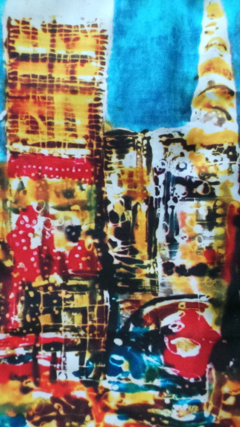 Hand-made Batik Direct Application One-of-a-kind New York 4 The Big Apple Skyline Painting on White Cotton Blend image 4