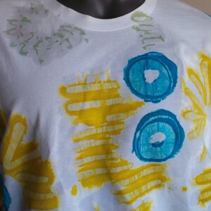 Hand Made Batik Tee shirt, One of a Kind Batik Round Neck Tee Shirt. Turquoise and Yellow on White Batik Tee Shirt. DABTS024 image 7