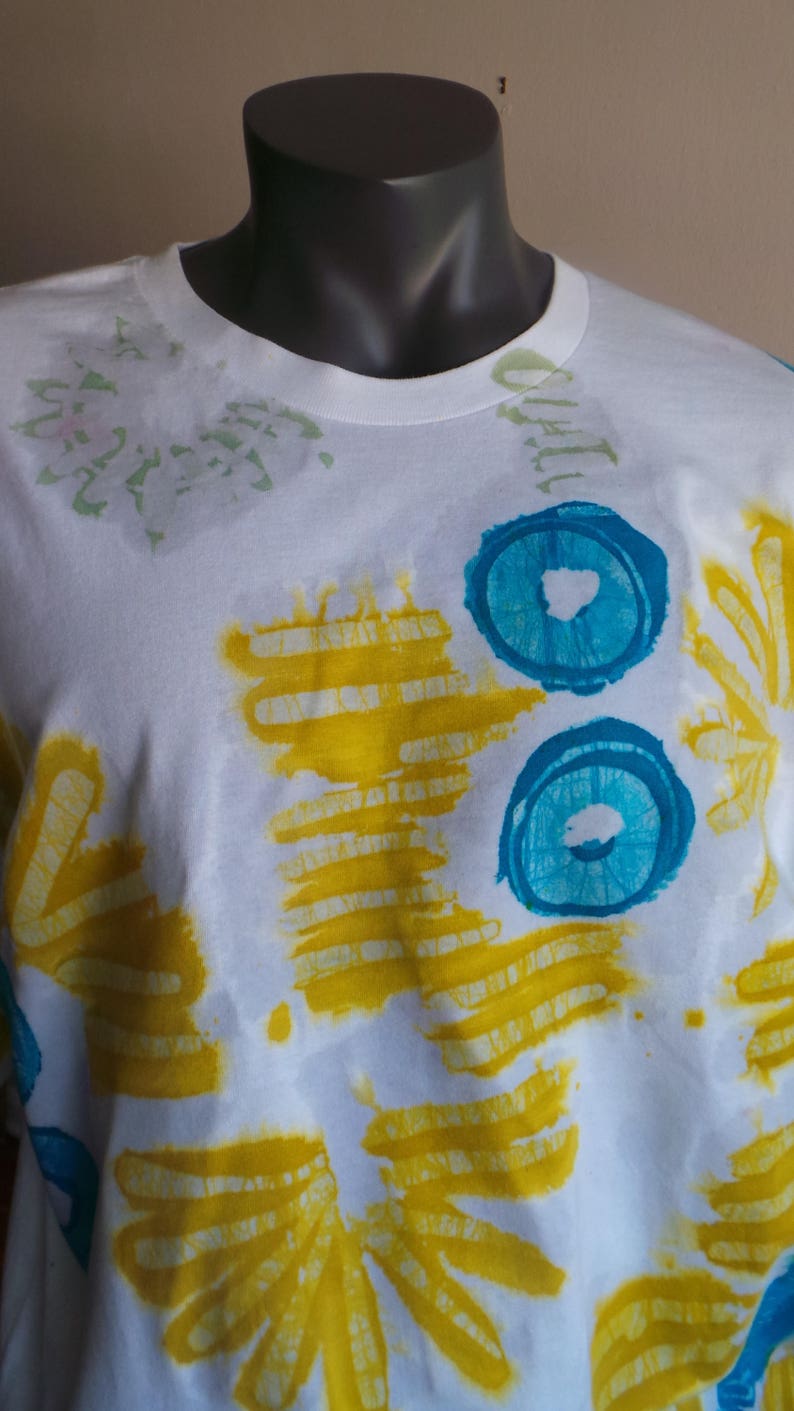 Hand Made Batik Tee shirt, One of a Kind Batik Round Neck Tee Shirt. Turquoise and Yellow on White Batik Tee Shirt. DABTS024 image 7