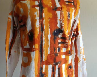 Hand-made Batik Direct Application One-of-a-kind Long Sleeved Tee Shirt. Blue and Turquoise on White Cotton, DABLS 027.