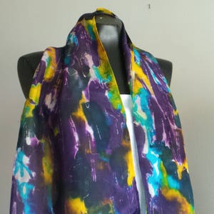 Silk Scarf, Batik Scarf, Dye Painting, Perfect Scarf For Women, Gift For Her, Gift For Love Ones, Turquoise Yellow Purple & Green Silk Scarf image 3