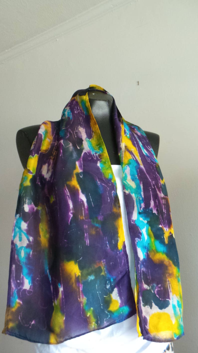 Silk Scarf, Batik Scarf, Dye Painting, Perfect Scarf For Women, Gift For Her, Gift For Love Ones, Turquoise Yellow Purple & Green Silk Scarf image 3