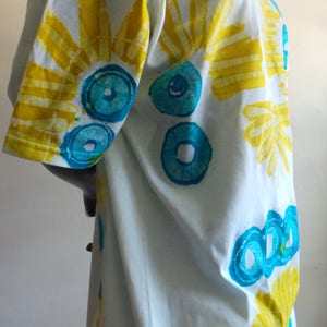 Hand Made Batik Tee shirt, One of a Kind Batik Round Neck Tee Shirt. Turquoise and Yellow on White Batik Tee Shirt. DABTS024 image 8