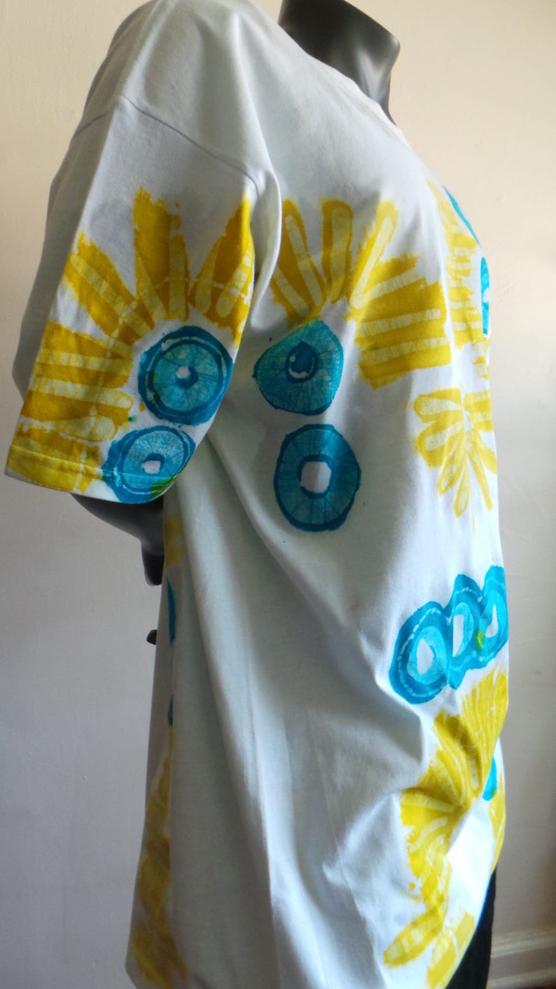 Hand Made Batik Tee shirt, One of a Kind Batik Round Neck Tee Shirt. Turquoise and Yellow on White Batik Tee Shirt. DABTS024 image 8