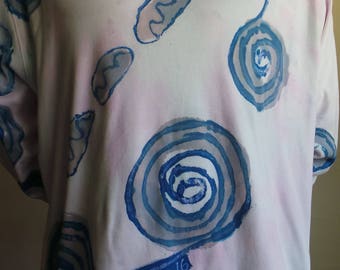 Hand-made Batik Direct Application One-of-a-kind Long Sleeved Turtle Neck. Blue and Turquoise on White Cotton, DABTN 08