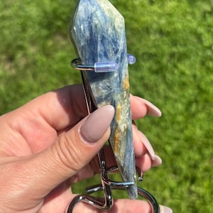 Beautiful Blue Kyanite Crystal Wand On Silver Display Stand 126g 5 inch  Sheen Layers Of Golden Healer Beautiful Decor Or Energy Gift