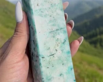 Phoenix Fynchenite Crystal Tower 754g Aqua Color 8.1 Flecks Of Pyrite Healing Stone Gift Or Energy Decor