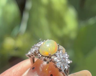 Natural Ethiopian Fire Opal Crystal Vintage Gemstone Setting Sterling S925  Ring With Cubic Zirconia Accents Adjustable Ring Gorgeous Flash