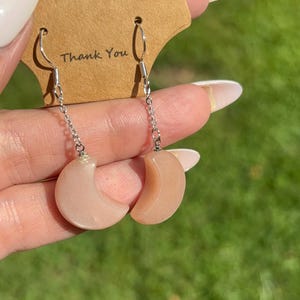 Sterling Silver Peach Moonstone Crescent Moon Dangle Earrings