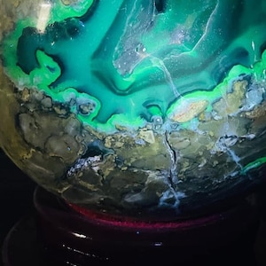 Volcano Agate Crystal Sphere XXXL  Green Glow UV Reactive Free Deluxe Spinning Display Stand Included Energy Balance Decor Or Gift