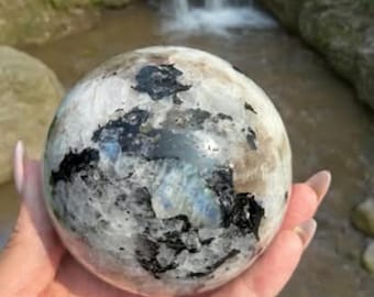 Moonstone Crystal Sphere 95mm 1218g Blue Flash XL Healing Energy Balance Decor Or Gift Free Stand Included