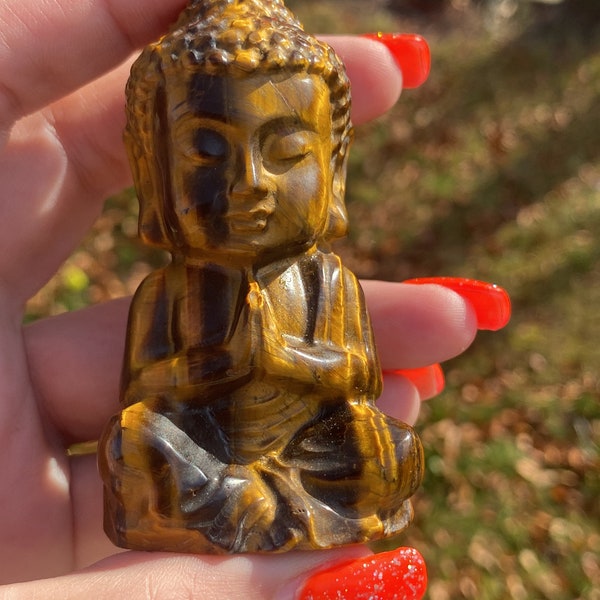 Beautiful Sheen Flashy Tigers Eye Stone Buddha Dhamma Sacred Temple Carving