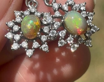 Natural Ethiopian Fire Opal Crystal Earrings Vintage Gemstone Setting Sterling S925 With Cubic Zirconia Accents Gorgeous Flash
