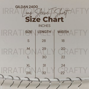Gildan 2400 long sleeve shirt Size Chart for listings in imperial (inches)