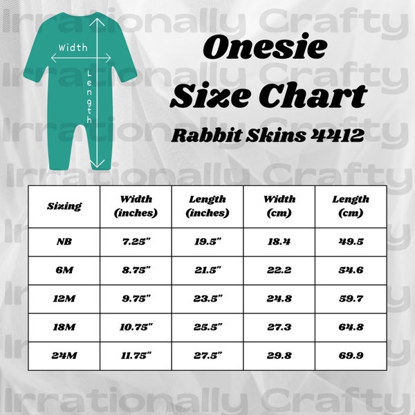 Rabbit Skin 4412 Onesie/Bodysuite Long Sleeve Long Legs Size Chart for listings in imperial (inches) and metric (centimeters)