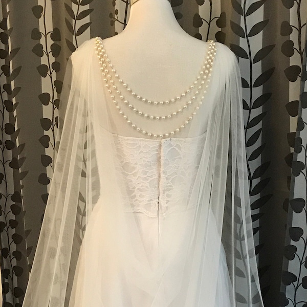 Draped Cape w/Back Jewelry, Shoulder Tulle Cape, Wedding Cape, 60" W x 100"L,  White / Off White / Ivory