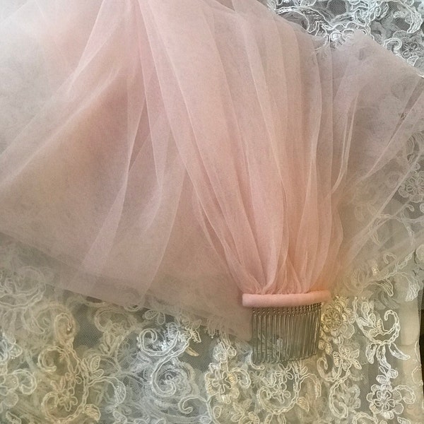 Pink Bridal Veil__1-Tier__Attached to Wire Metal Comb__ Elbow Fingertip Knee Floor Chapel Cathedral Length