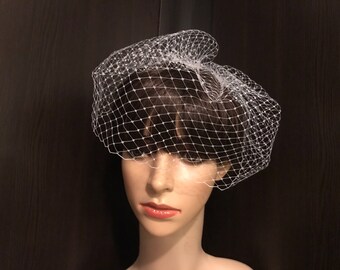 Birdcage Veil, 9" Plain France Net Veil, Attached to a Tulle Wrapped Metal Comb__ WHITE / IVORY