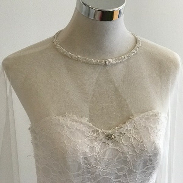 Bridal Cape, Wedding Cape, Tulle Cover Up, Bridal Bolero, 3 meters width, with Seed Bead Neckline, White / Off White