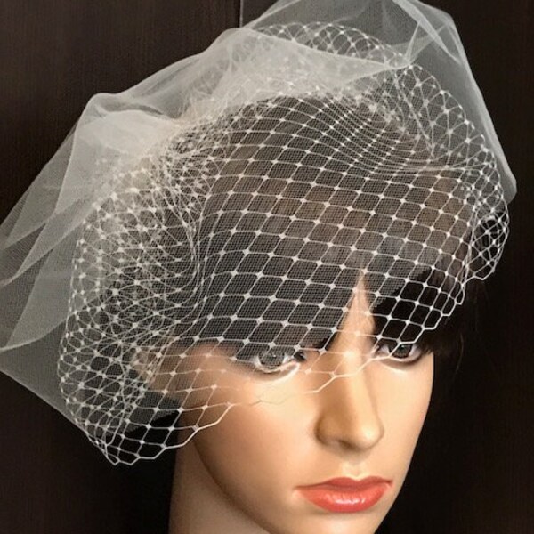 Double-Layer Birdcage Veil, 9" Tulle & Net Birdcage Veil,  WHITE / IVORY