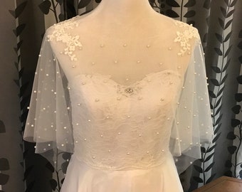 Pearls Cover Up  Tulle Bolero__OFF WHITE__ with Lace Appliques on Shoulders