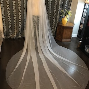 May include: A white tulle bridal veil with a long train. The veil is made of soft, sheer fabric and has a delicate, flowing design.