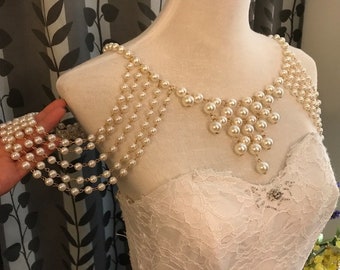Pearls Shoulder Necklace, Bridal Shoulder Jewelry, Wedding Jewelry Bolero__ GOLD / SILVER