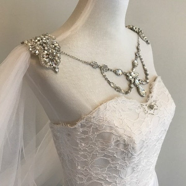 Bridal Cape Veil, Wedding Cape w/Rhinestone Jewelry on Front and Back__ 108"W x 120" (3 meter) Long, White/ Off White/ Ivory__ (CV104)