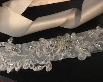 Lace Sash__ Beaded Lace Applique on Double Faced Satin Ribbon